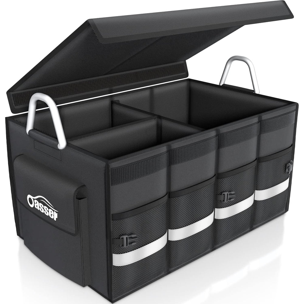 Oasser front view of large trunk organizer showing sturdy box and lid for organized storage