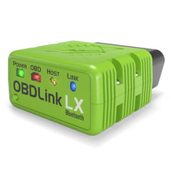 OBDLink LX front view showing port and compact housing with easy installation benefit