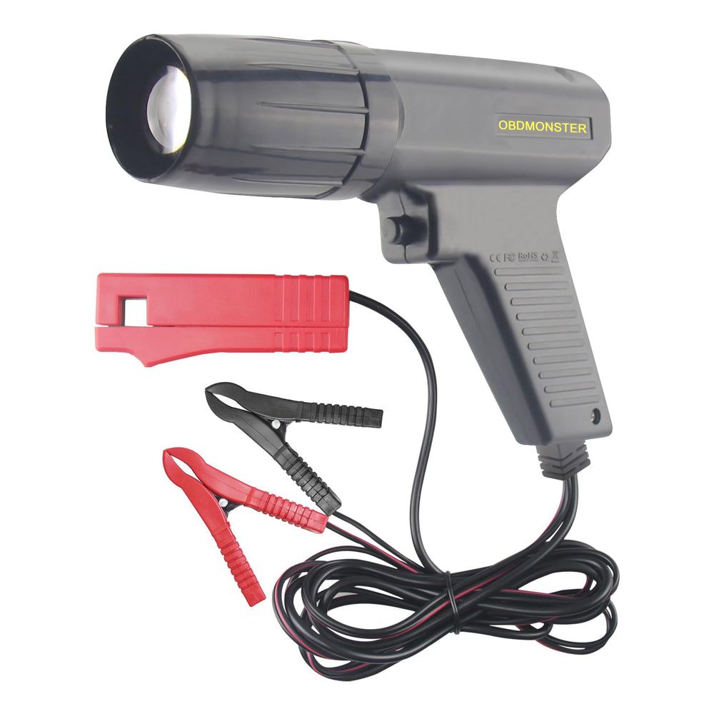OBDMONSTER timing light front view showing clear aiming and durable housing benefit