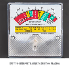 OEMTOOLS meter close-up displaying analog scale for quick, under-load battery readings