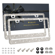 OKLPF front view of white bling license plate frame showing sparkle and fit