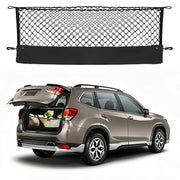 Omocyra front view showing cargo net fitted in Subaru Forester SK trunk, keeps items stable