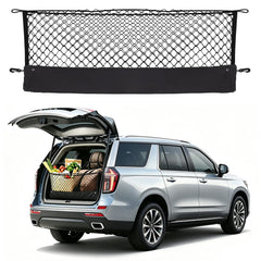 Omocyra cargo net front packaging showing compatibility with Tahoe Yukon and benefit of custom fit