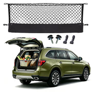 Omocyra cargo net front packaging showing fit for Subaru Outback and easy install benefit