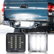 Omrisy front view of LED license plate lights showing bright fit and easy swap