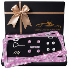 One Sight front view of two pink rhinestone license plate frames showing full design and finish