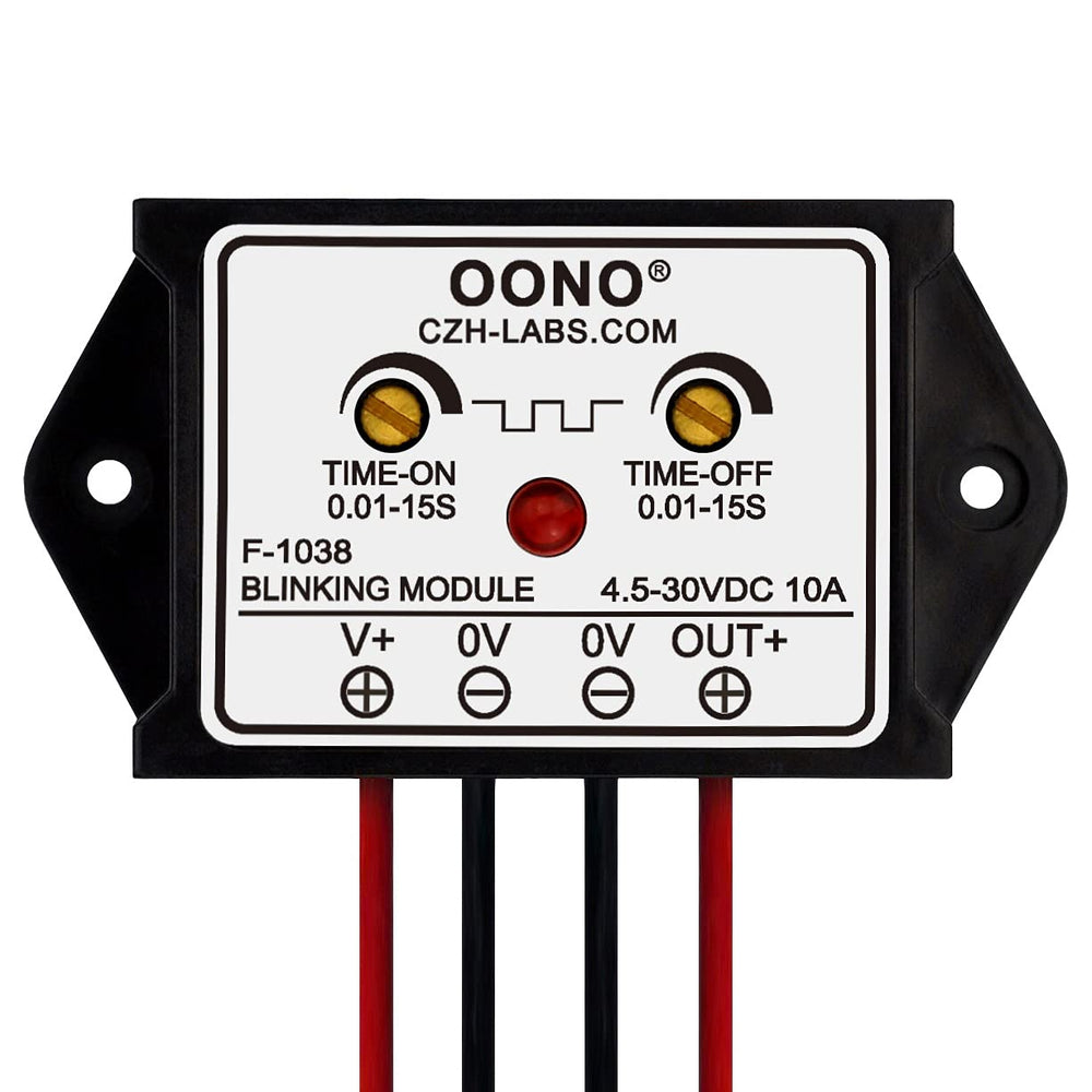 OONO front view of flasher module showing compact housing and mounting holes for easy install