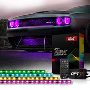 OPT7 front view halo lights on a Challenger showing bold multi color glow benefits