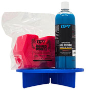 Optimum Polymer Technologies kit front packaging showing components and benefit of complete rinseless wash
