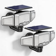 Orbecco front view mounted on garage showing bright security lighting