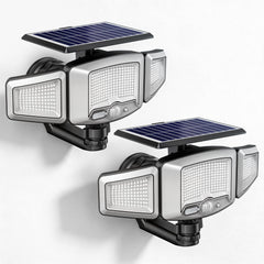 Orbecco front view mounted on garage showing bright security lighting