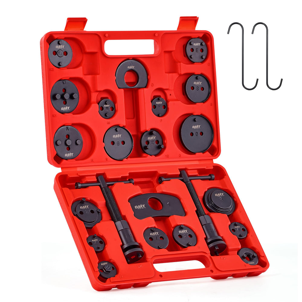 Orion Motor Tech front view of complete 24pc brake caliper compression kit showing organization and portability
