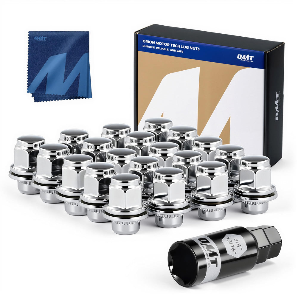 Orion Motor Tech front view of full 20-piece lug nut kit showing packaging and contents