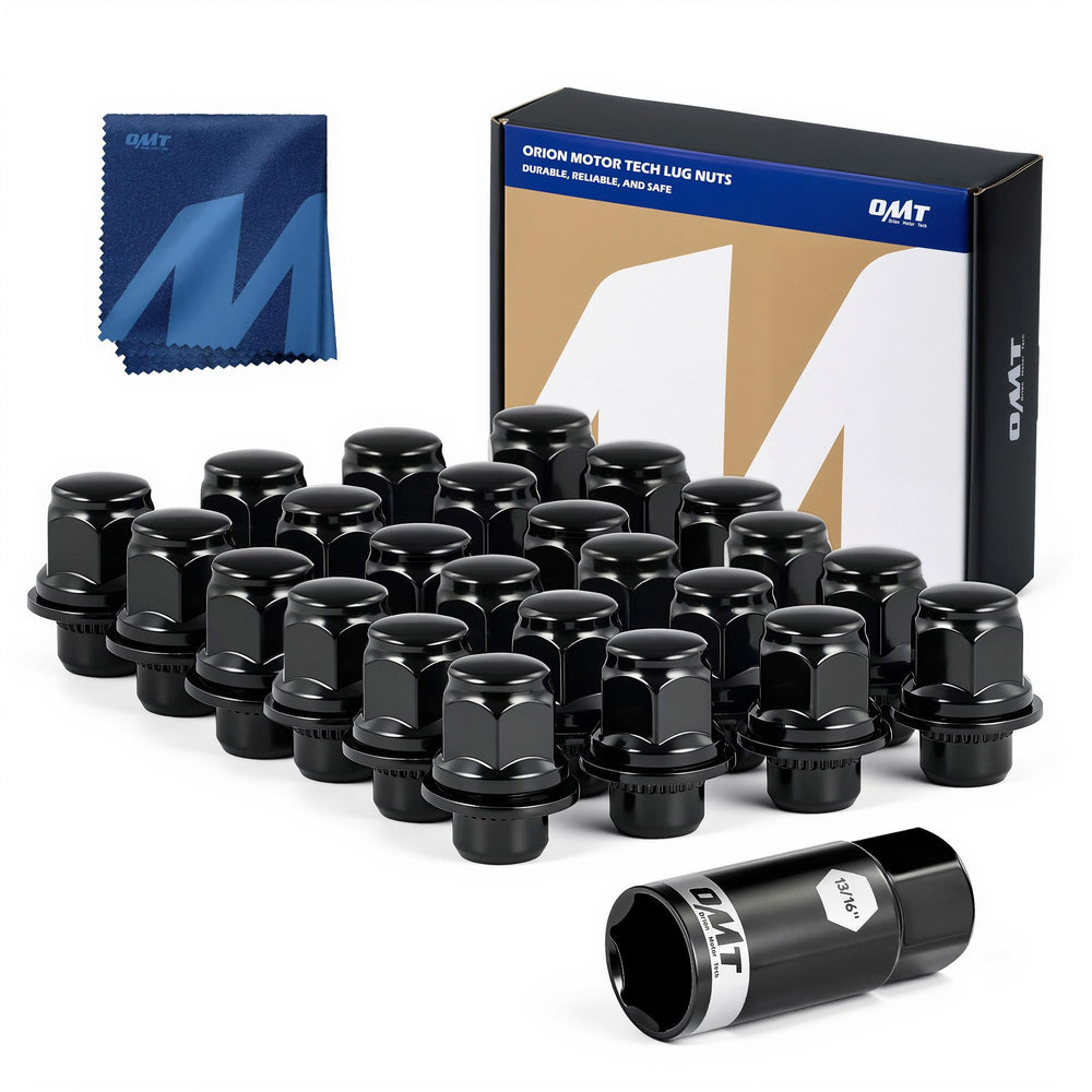 Orion Motor Tech front view of 24-piece lug nut kit showing contents and box benefits