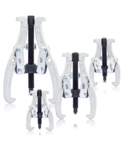 Orion Motor Tech front view of full 3"–8" 3-jaw puller set showing components and sizes, durable kit