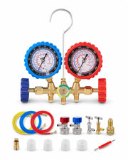 Orion Motor Tech front overview of complete 3-way manifold gauge set and hoses