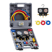Orion Motor Tech front view of manifold gauge set showing controls and hoses for accurate servicing