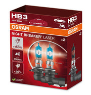 OSRAM Night Breaker Laser HB3 front packaging showing twin hanging box and product benefit