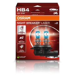 OSRAM Night Breaker Laser front packaging showing two HB4 bulbs and benefit of brighter light