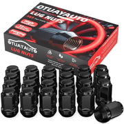 OTUAYAUTO front packaging showing 24 black lug nuts and gauge for quick identification