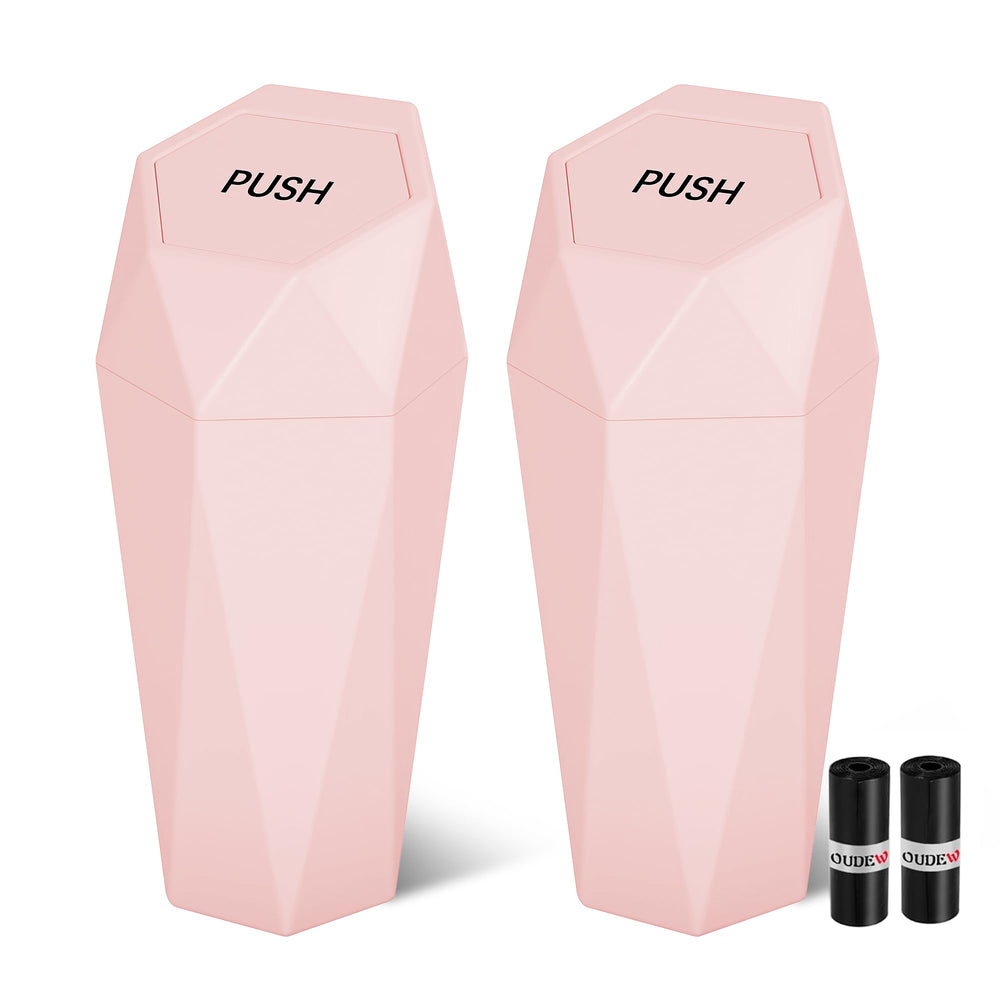 OUDEW front view of pink trash can showing compact design and style benefit