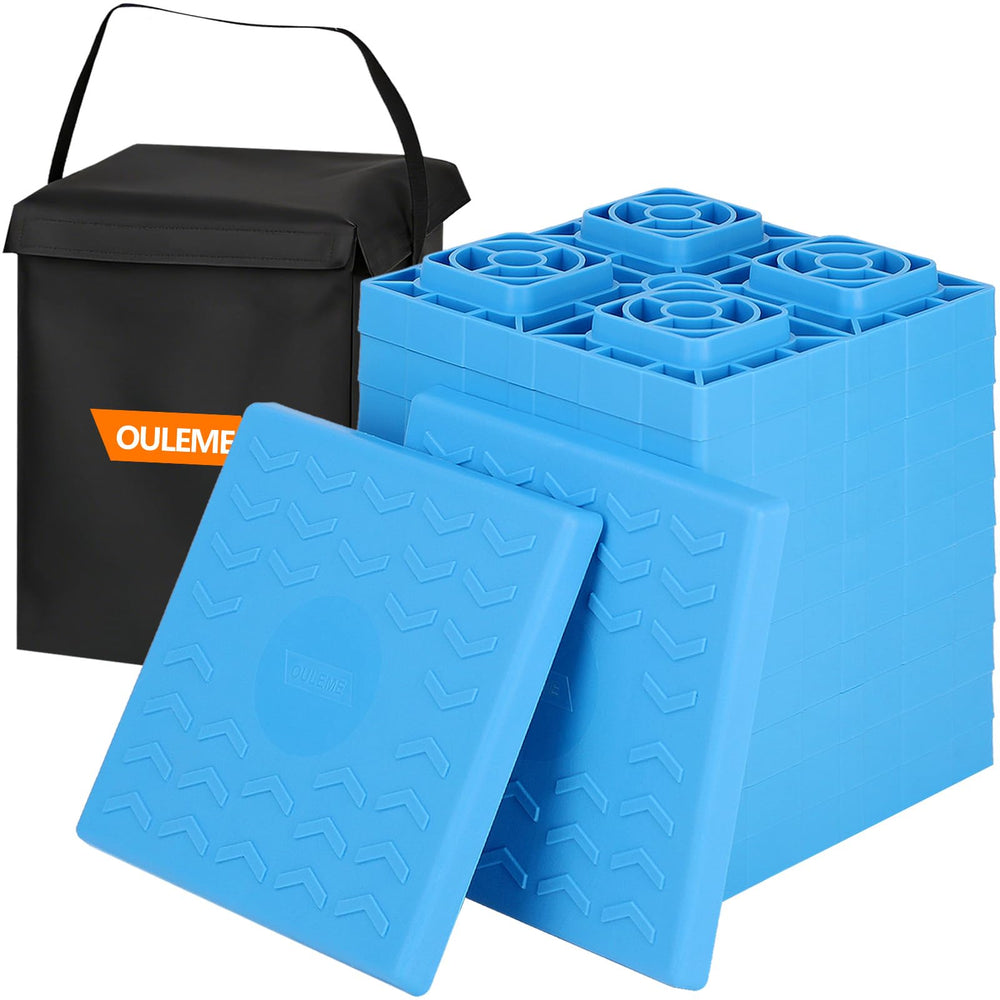 OULEME front pack of blue leveling blocks showing kit contents and portability