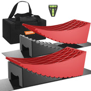 OULEME front view of red dual-axle leveling ramps showing compact design and storage benefit