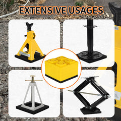 OULEME rubber pad placed under RV jack demonstrating stable support benefit