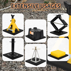 OULEME pad placed under an RV jack foot stabilizing and protecting the jack