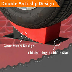 OULEME wheel chock engaged behind a trailer tire adding safety during leveling
