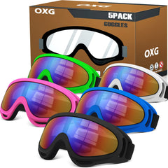 OXG front view showing five multicolor goggles and packaging, ready for group rides