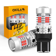 OXILAM front packaging showing two 7443 red LED bulbs and clear benefits