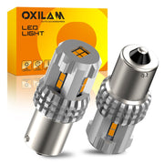 OXILAM front view of two 1156 amber LED bulbs with packaging, clear upgrade benefit