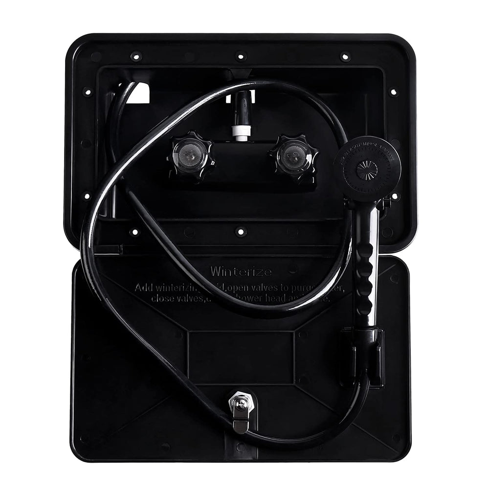 OYMOV exterior shower box front view showing secure lock and sleek finish for protection