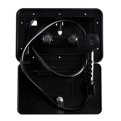 OYMOV exterior shower box front view showing secure lock and sleek finish for protection