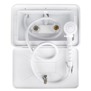 OYMOV exterior shower box front view showing secure enclosure and weather resistance