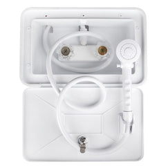 OYMOV exterior shower box front view showing secure enclosure and weather resistance