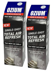 Ozium front packaging showing 2 oz single-shot fogger and fresh scent benefit