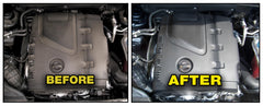 P21S sprayer in use on engine bay, targeted cleaning action removes grease