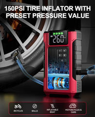 Pabulum built-in air compressor close-up showing 150PSI gauge for quick tire inflation