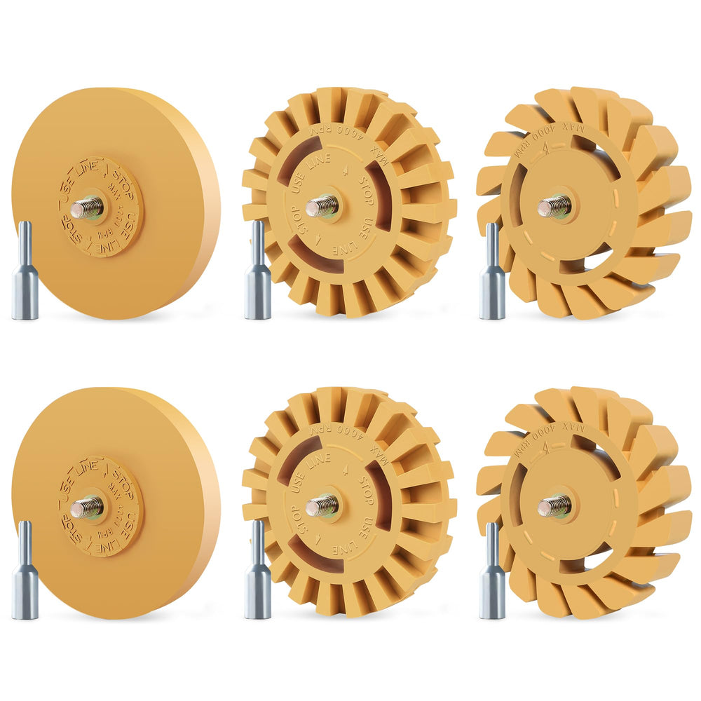 Pakeed front packaging showing six 4-inch eraser wheels and adapter for clear kit identification and convenience