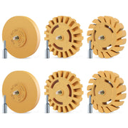 Pakeed front packaging showing six 4-inch eraser wheels and adapter for clear kit identification and convenience