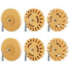 Pakeed front packaging showing six 4-inch eraser wheels and adapter for clear kit identification and convenience