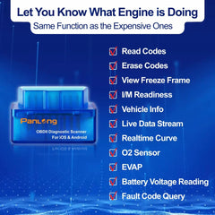 Panlong plugged into car OBDII port illustrating easy install and instant diagnostics