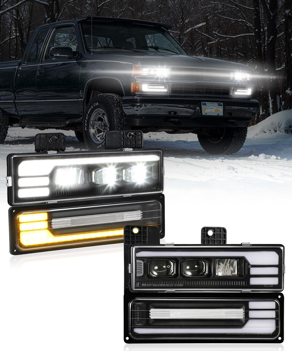 Partsam front headlight assembly installed on OBS truck showing improved nighttime visibility