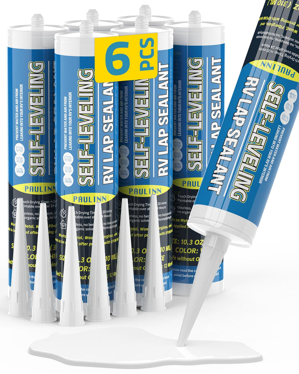 PAULINN front packaging showing six white sealant cartridges protecting roof seams