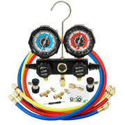 PB Motor Tech manifold front view highlighting durable aluminum body and clear gauges for accurate readings
