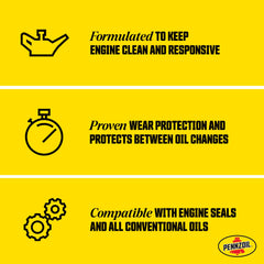 Pennzoil being poured into engine oil fill opening demonstrating smooth pouring and convenience