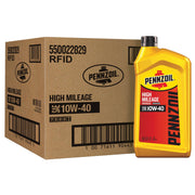 Pennzoil high mileage 10W-40 front packaging showing six quart bottles and clear product benefit