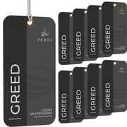 Perfa front packaging showing nine Greed-inspired fragrance cards and bold scent